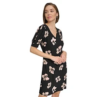 Floral Puff-Sleeve Jersey Shift Dress