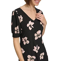 Floral Puff-Sleeve Jersey Shift Dress