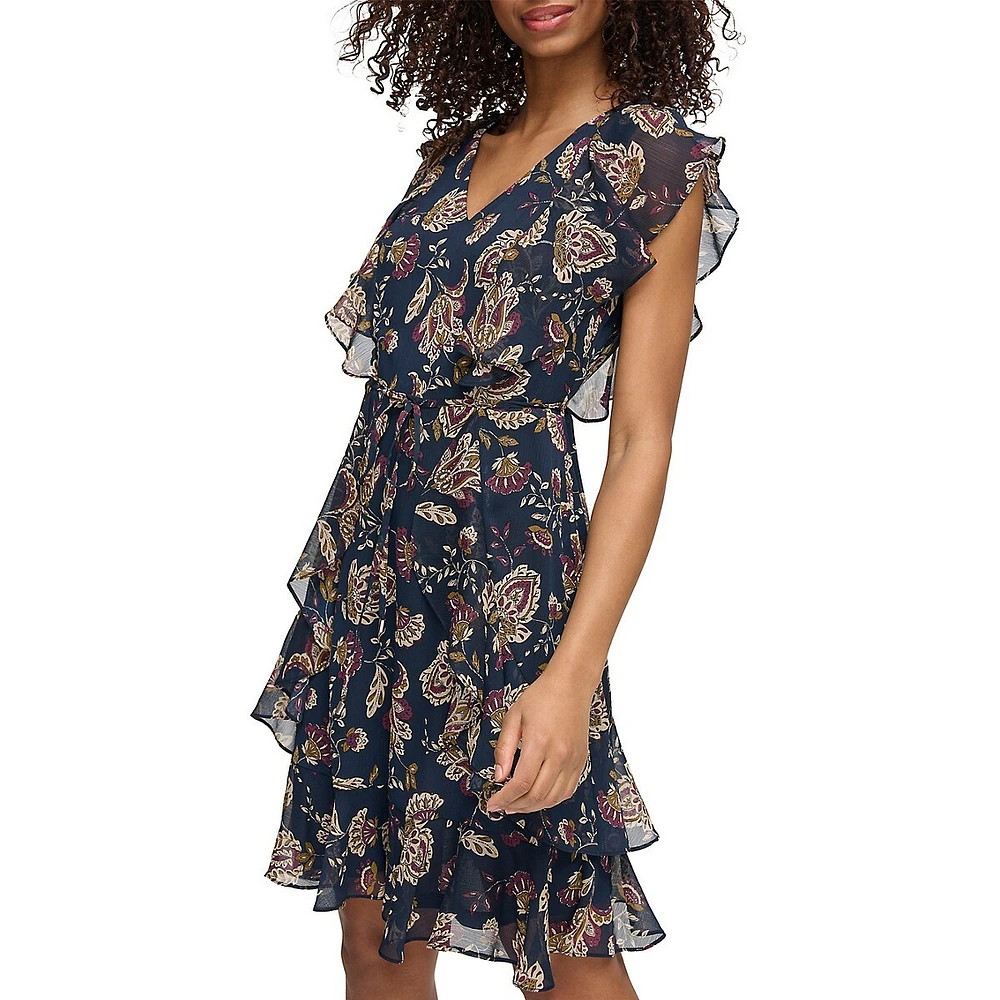 Essex Floral Ruffled Crinkle Chiffon Dress