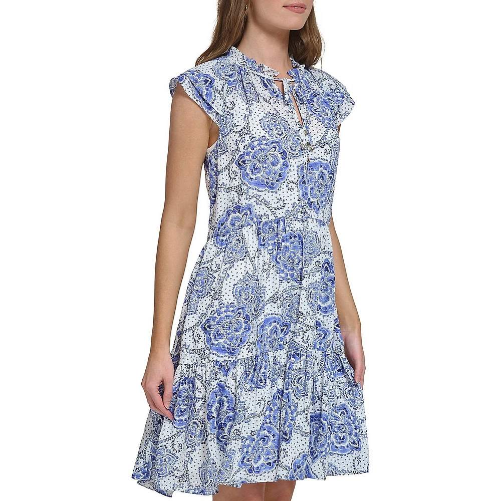 Medallion Tiered Ruffle Tie-Neck Shift Dress