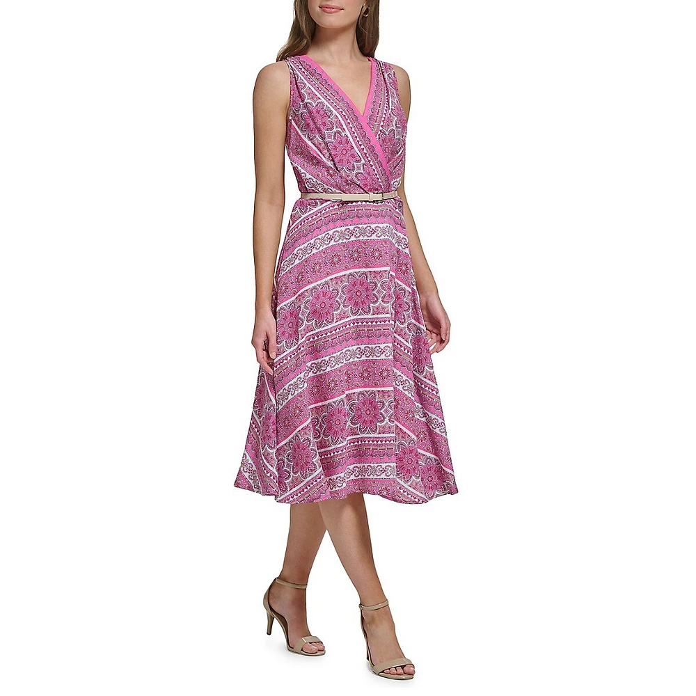 Bandana-Print Surplice Belted Midi Dress