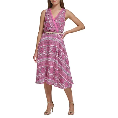 Bandana-Print Surplice Belted Midi Dress