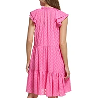 Trellis Tiered Ruffle Tie-Neck Shift Dress