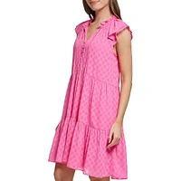 Trellis Tiered Ruffle Tie-Neck Shift Dress