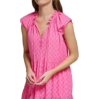 Trellis Tiered Ruffle Tie-Neck Shift Dress