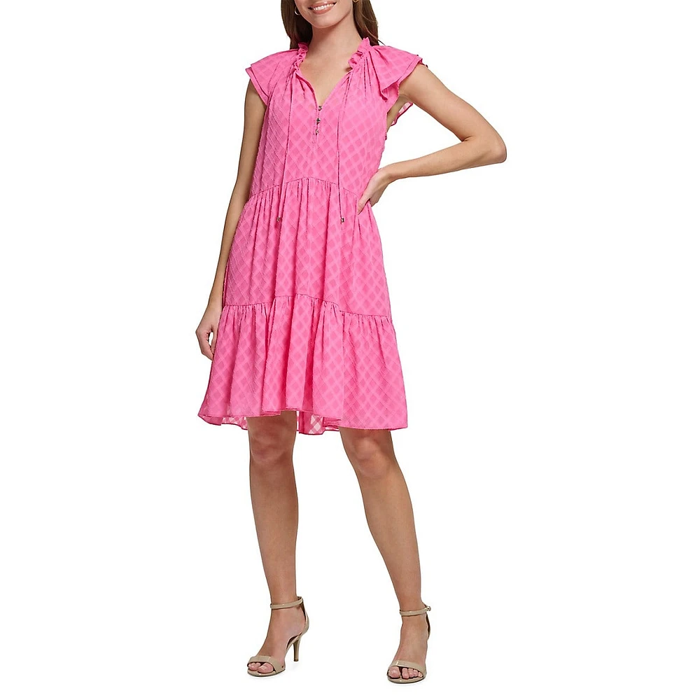 Trellis Tiered Ruffle Tie-Neck Shift Dress