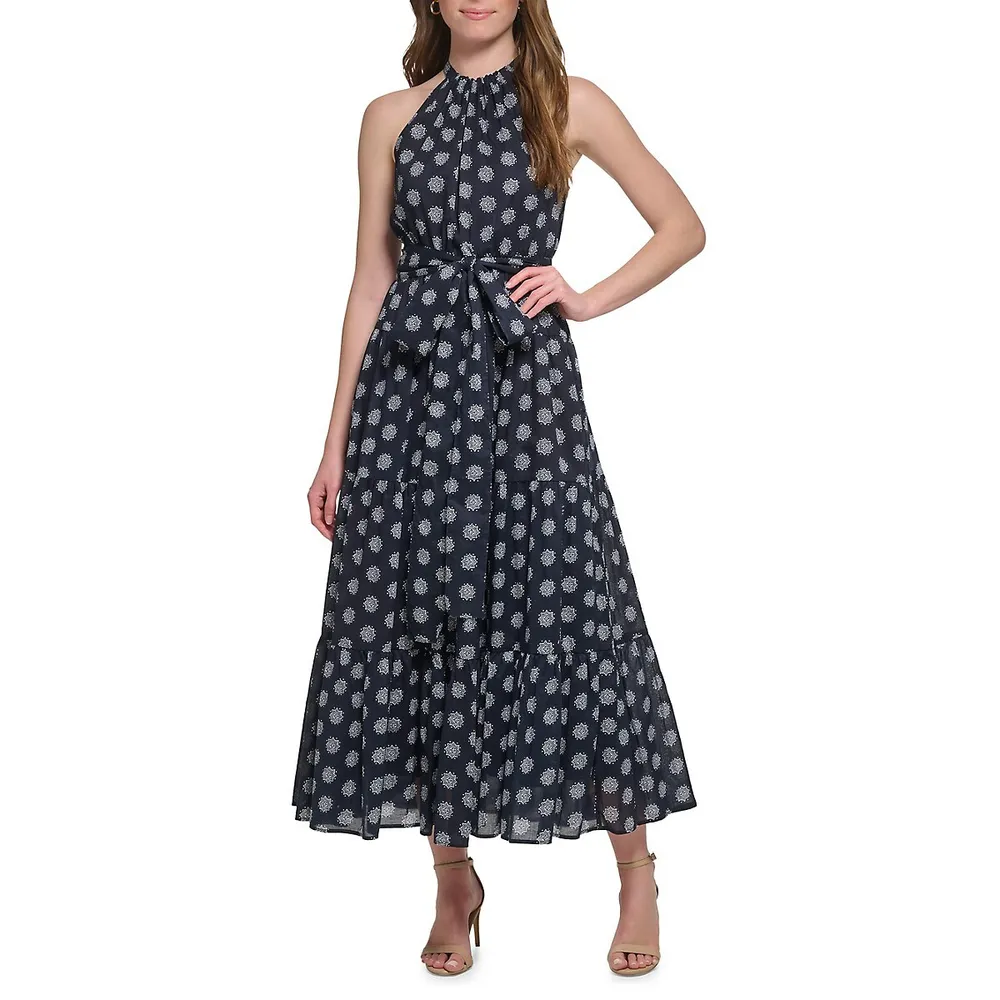 Medallion-Print Tied Halter Maxi Dress