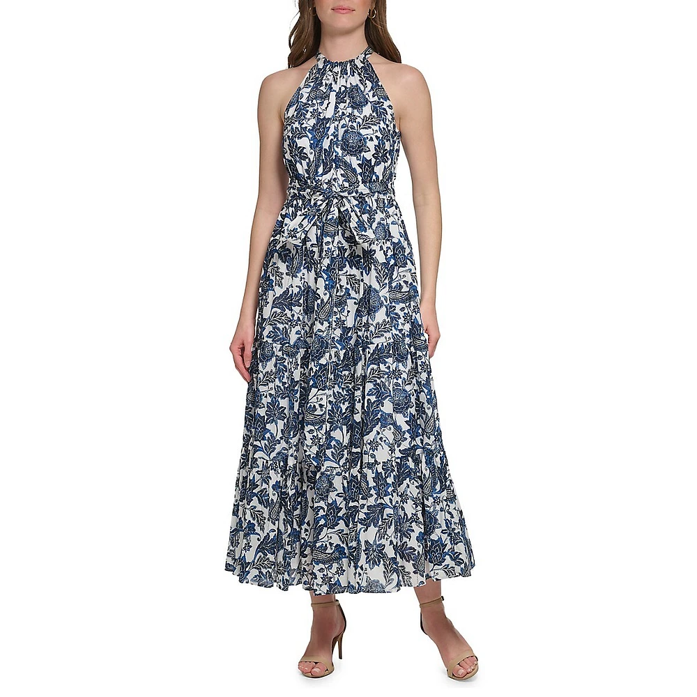 Floral Damask Tied Halter Maxi Dress