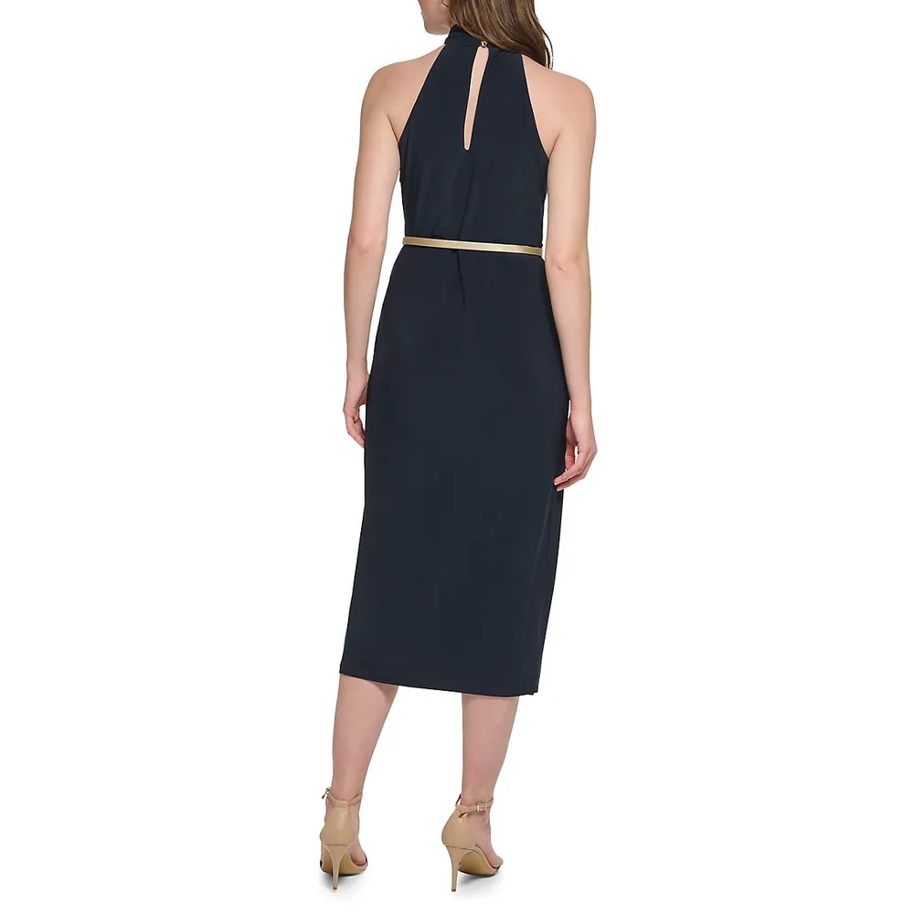 Twist-Neck Cutaway Halter Midi Dress