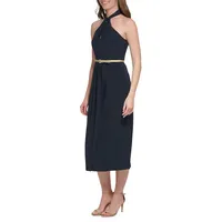 Twist-Neck Cutaway Halter Midi Dress