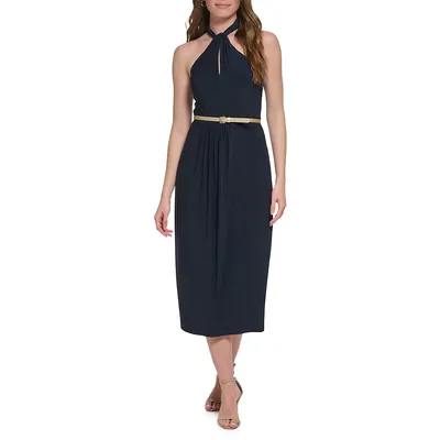 Twist-Neck Cutaway Halter Midi Dress