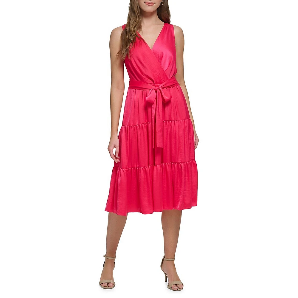 Tied Surplice Tiered Midi Dress