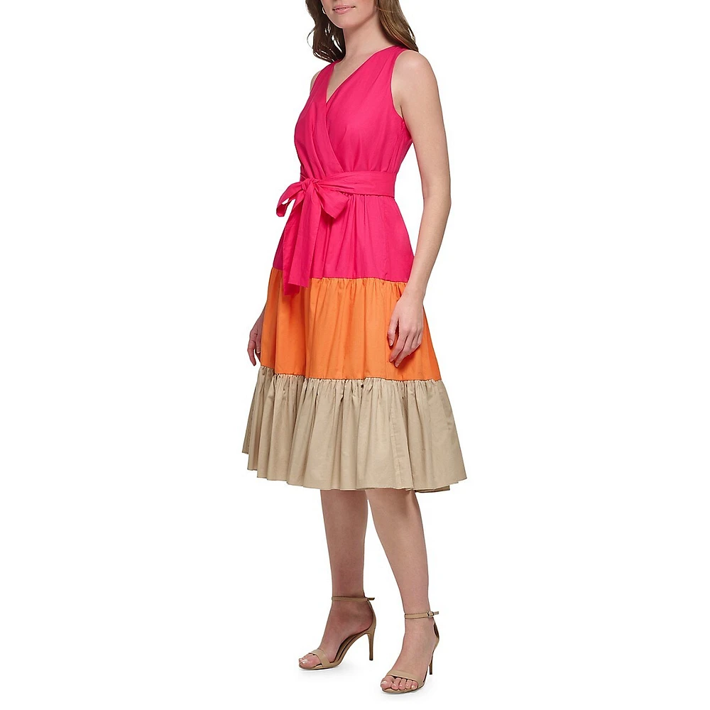 Belted & Tiered Colourblock Dress