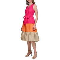 Belted & Tiered Colourblock Dress