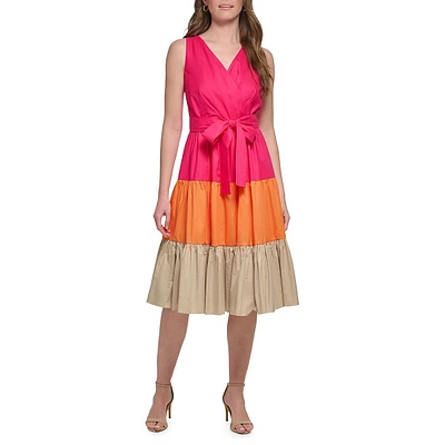 Belted & Tiered Colourblock Dress