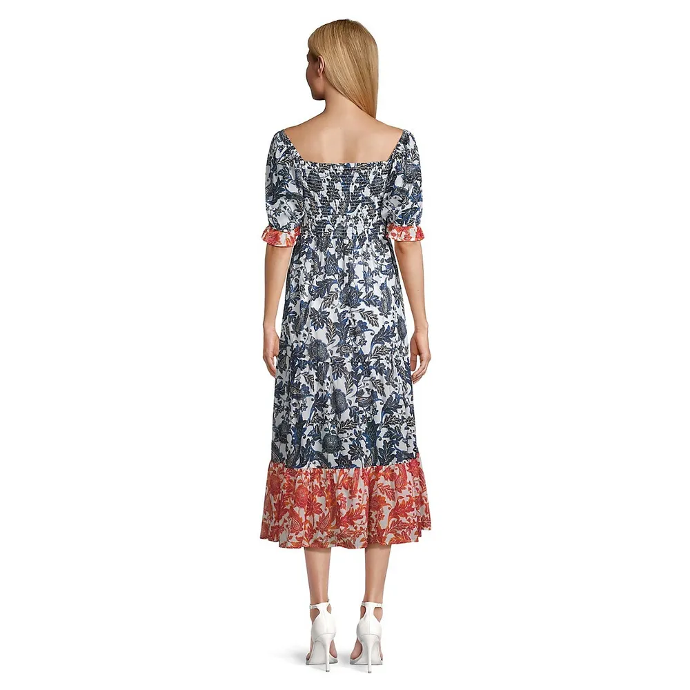 Puff-Sleeve Floral Midi Dress