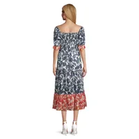 Puff-Sleeve Floral Midi Dress