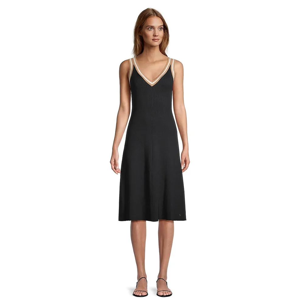 Sleeveless Stripe-Trim Rib-Knit Dress