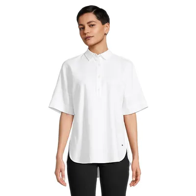 Linen-Blend Short-Sleeve Half-Placket Shirt