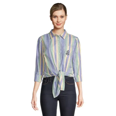 Striped Tie-Front Button-Down Shirt