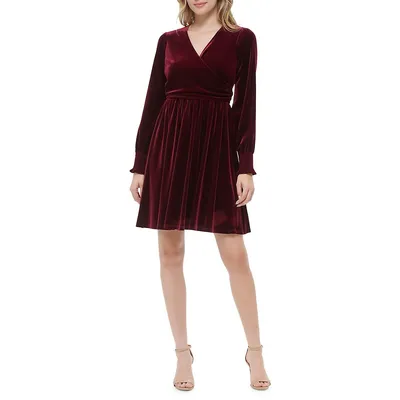 Velvet Surplice Short Fit-And-Flare Dress