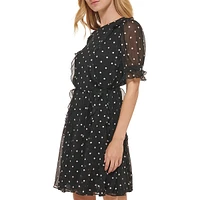 Puff-Sleeve Dot Ruffle Fit-&-Flare Dress