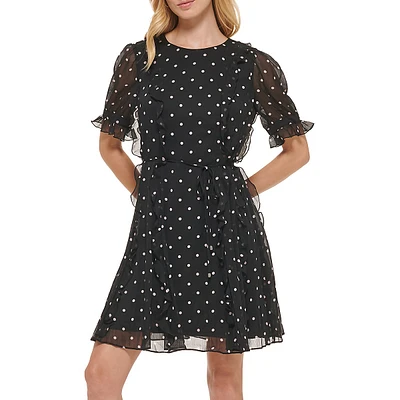 Puff-Sleeve Dot Ruffle Fit-&-Flare Dress