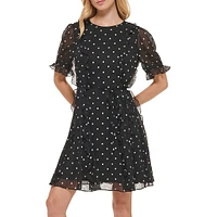 Puff-Sleeve Dot Ruffle Fit-&-Flare Dress