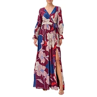 Faux Wrap Floral Print Chiffon Gown