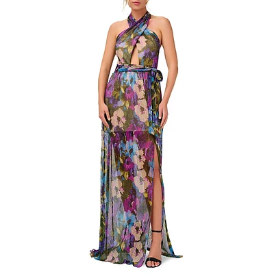 Floral Mesh Criss-Cross Halterneck Gown