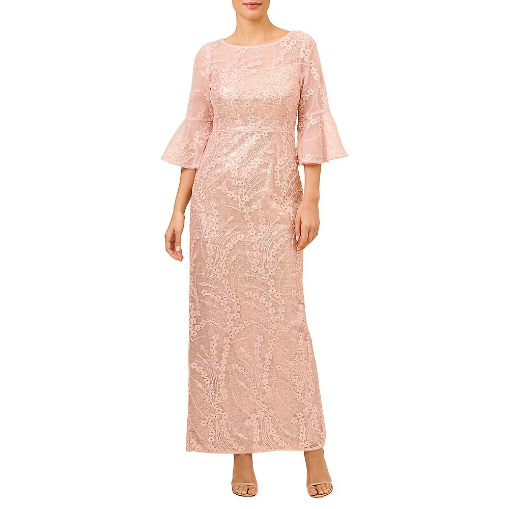 Bell-Sleeve Sequin Gown