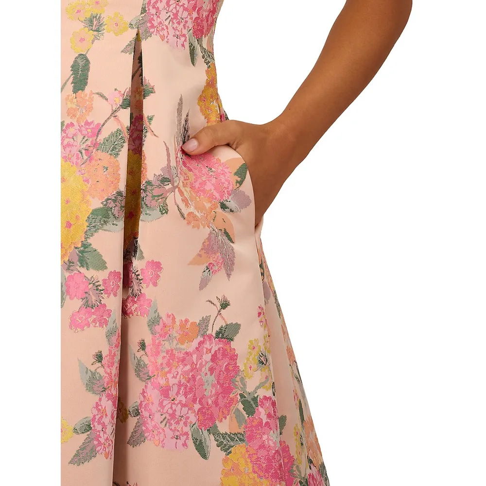 Floral Jacquard Strappy Pleat Dress