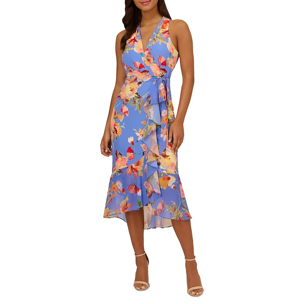 Sleeveless Floral Halter Wrap Dress