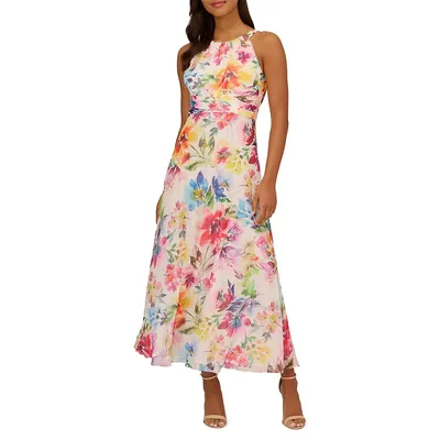 Floral Chiffon Halterneck Maxi Dress