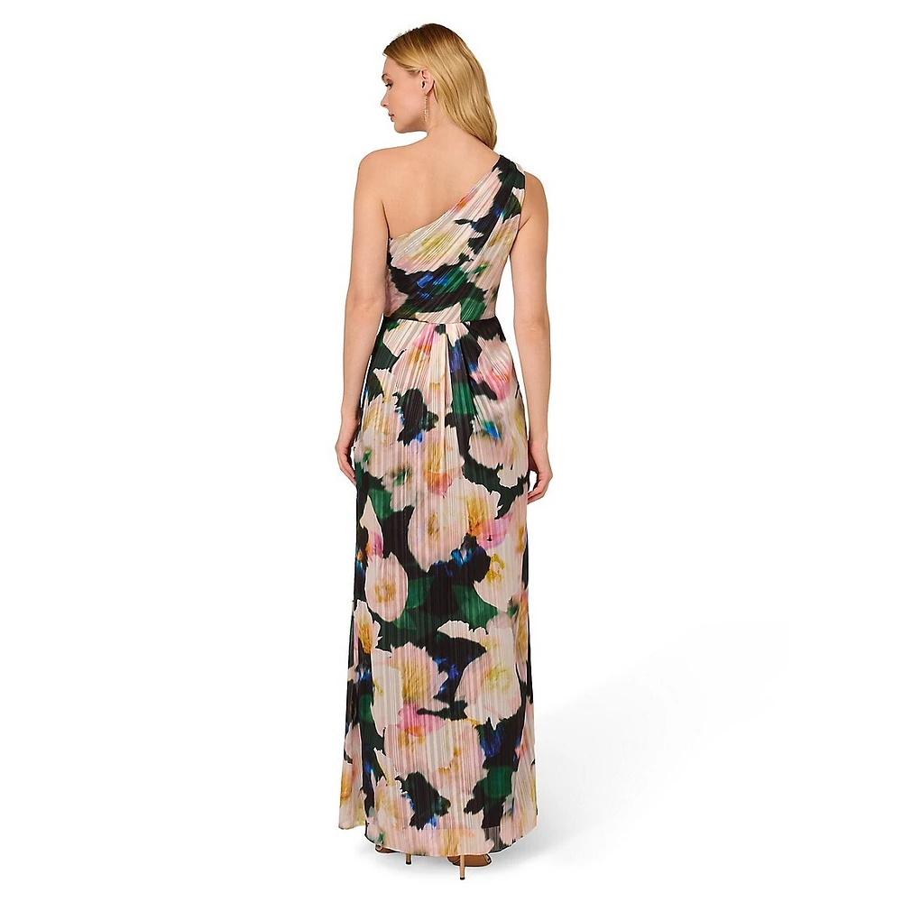 Floral Chiffon One-Shoulder Gown