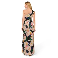 Floral Chiffon One-Shoulder Gown