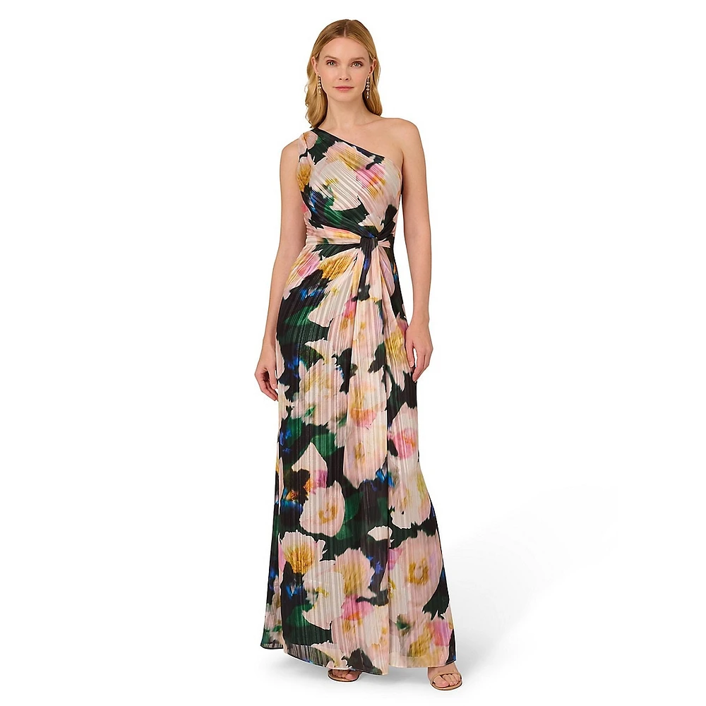 Floral Chiffon One-Shoulder Gown