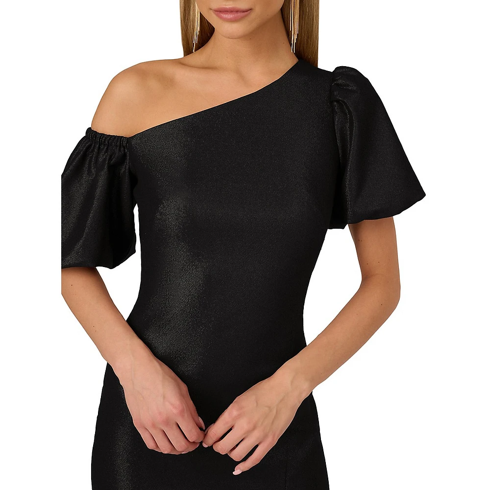 Asymmetrical Puff-Sleeve Lurex Mini Dress