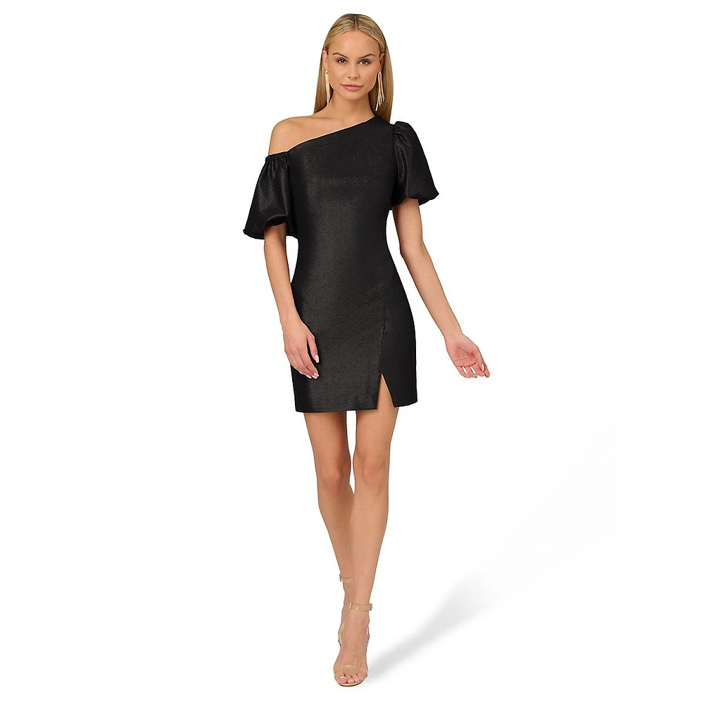 Asymmetrical Puff-Sleeve Lurex Mini Dress