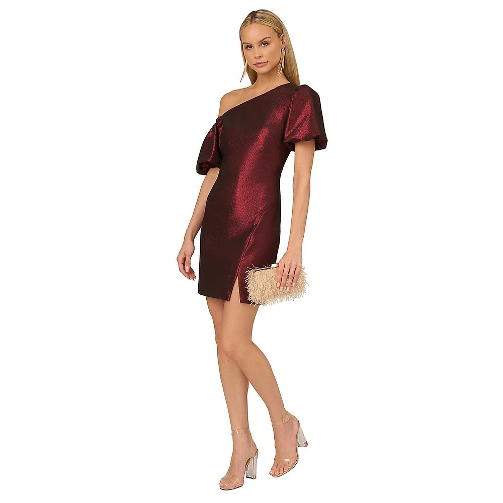One-Shoulder Puff-Sleeve Lurex Mini Dress