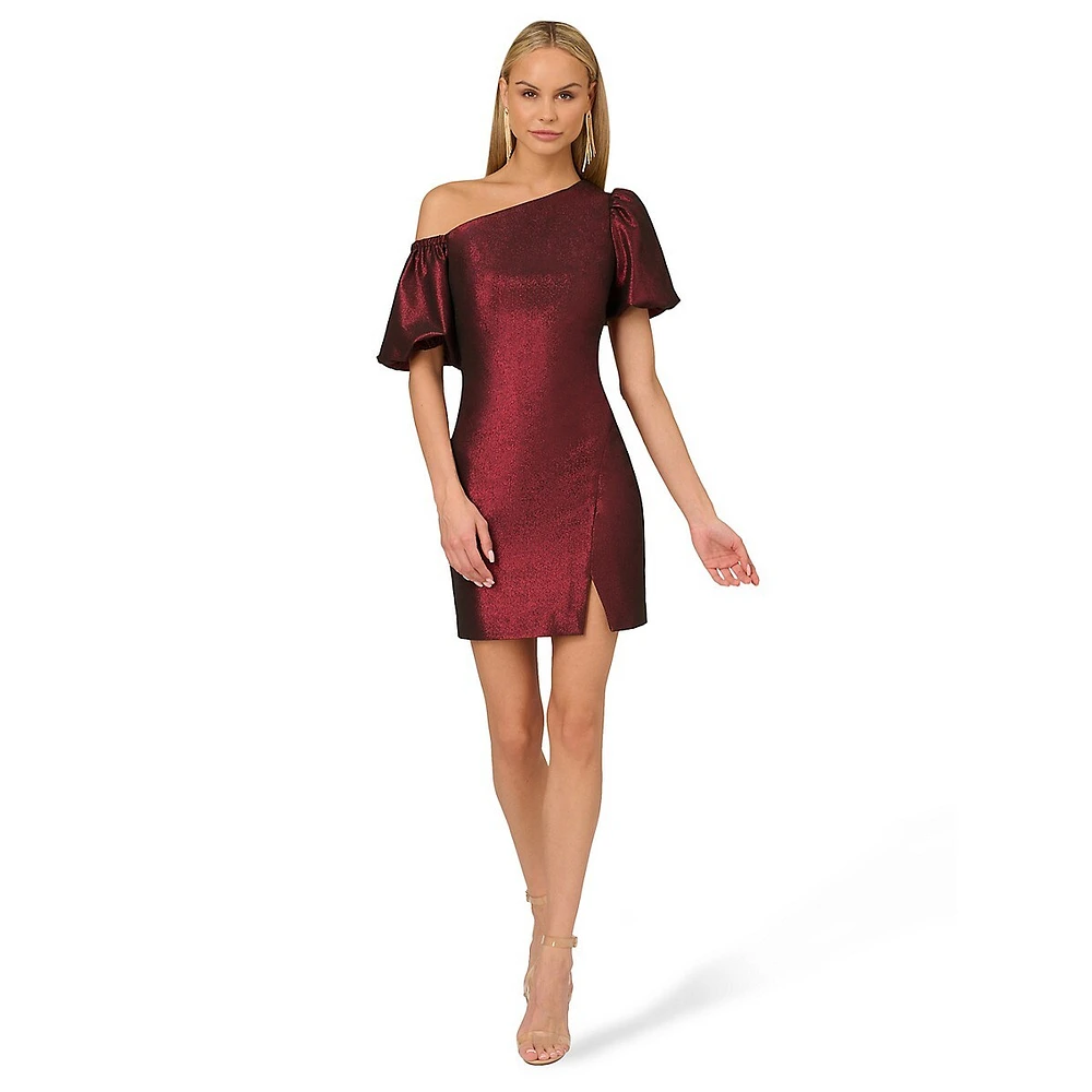 One-Shoulder Puff-Sleeve Lurex Mini Dress