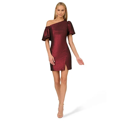 One-Shoulder Puff-Sleeve Lurex Mini Dress