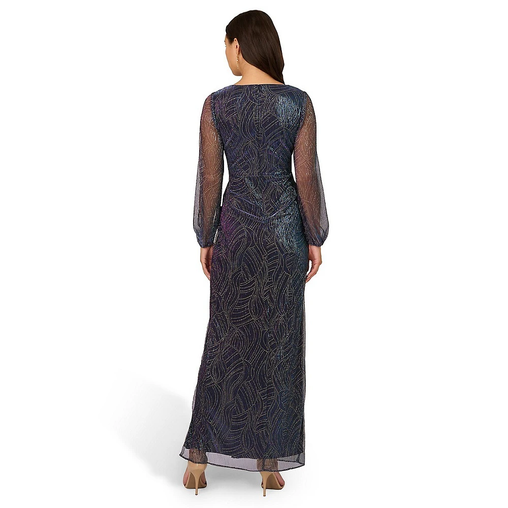 Long-Sleeve Beaded Metallic Mesh Drape Gown