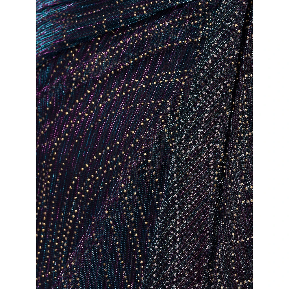 Long-Sleeve Beaded Metallic Mesh Drape Gown