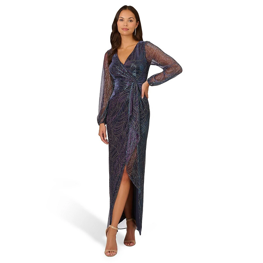 Long-Sleeve Beaded Metallic Mesh Drape Gown