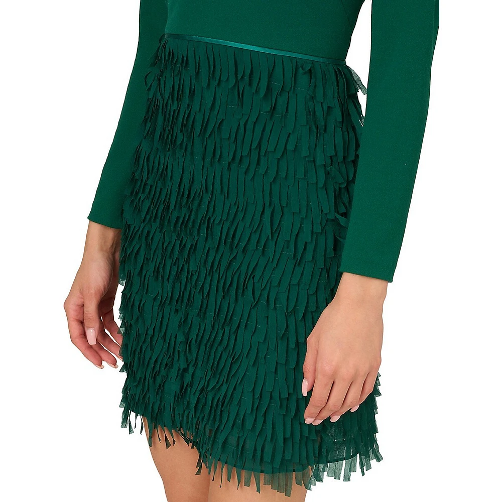 V-Neck Long-Sleeve Fringe Combo Mini Dress