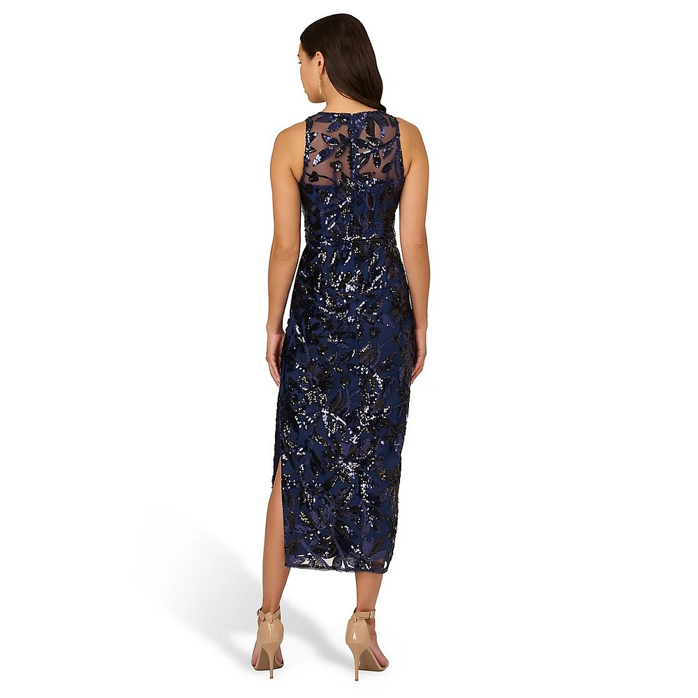 Sleeveless Leaf Sequin Column Dress