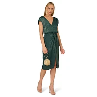 Satin Foil Double-V Knotted Blouson Dress