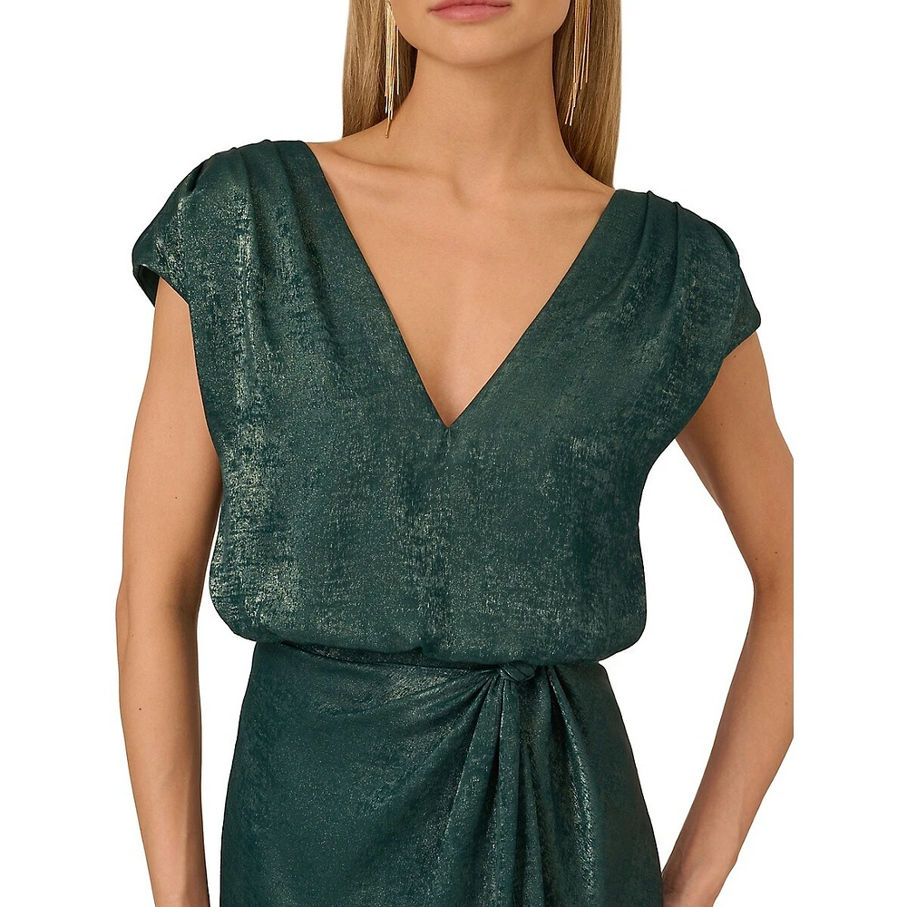 Satin Foil Double-V Knotted Blouson Dress