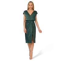 Satin Foil Double-V Knotted Blouson Dress